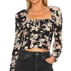 Free People Hilary Print Top Black Combo Boho Floral Blouse Cropped Size Med